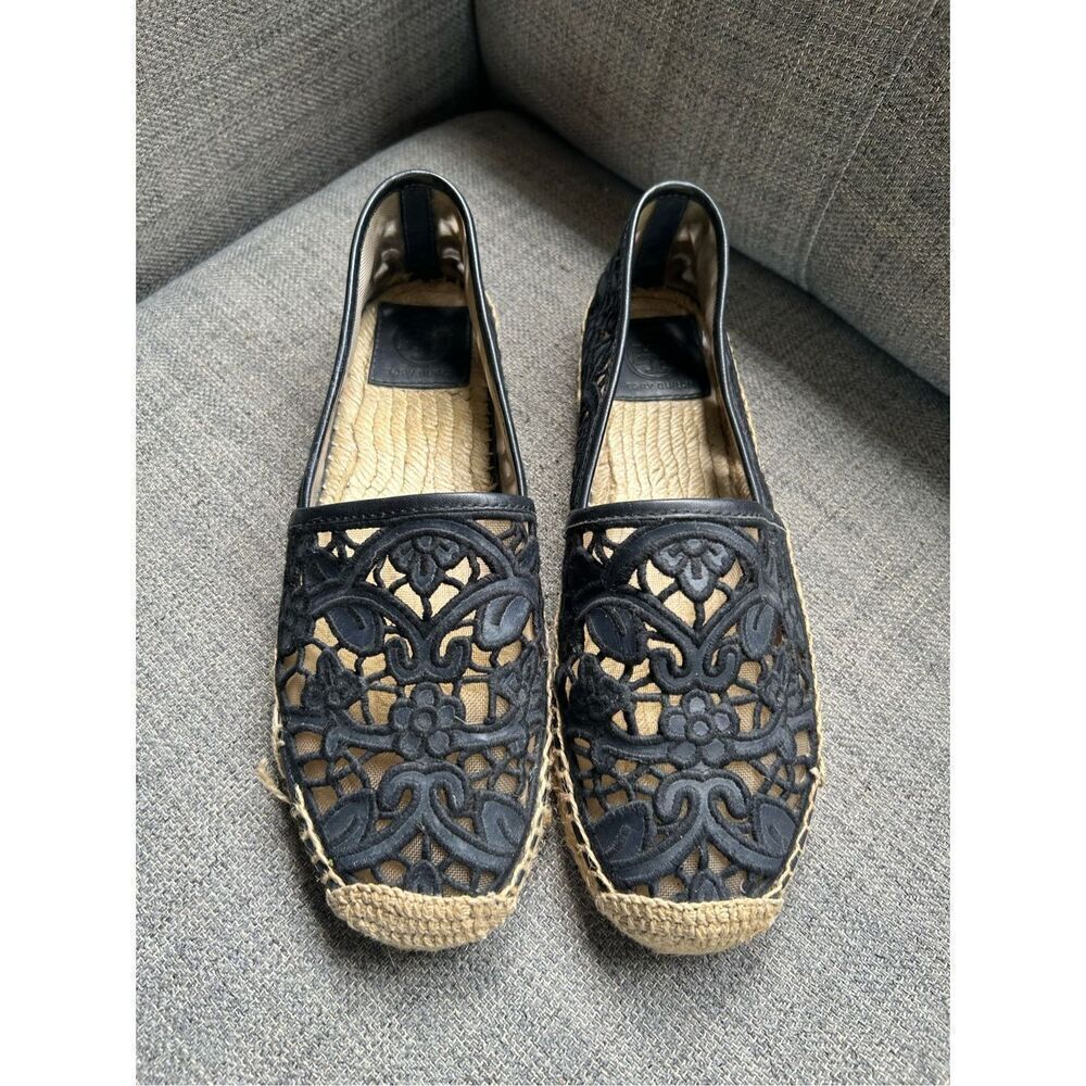 Tory Burch Black Cotton Lace and Leather Jackie Espadrilles